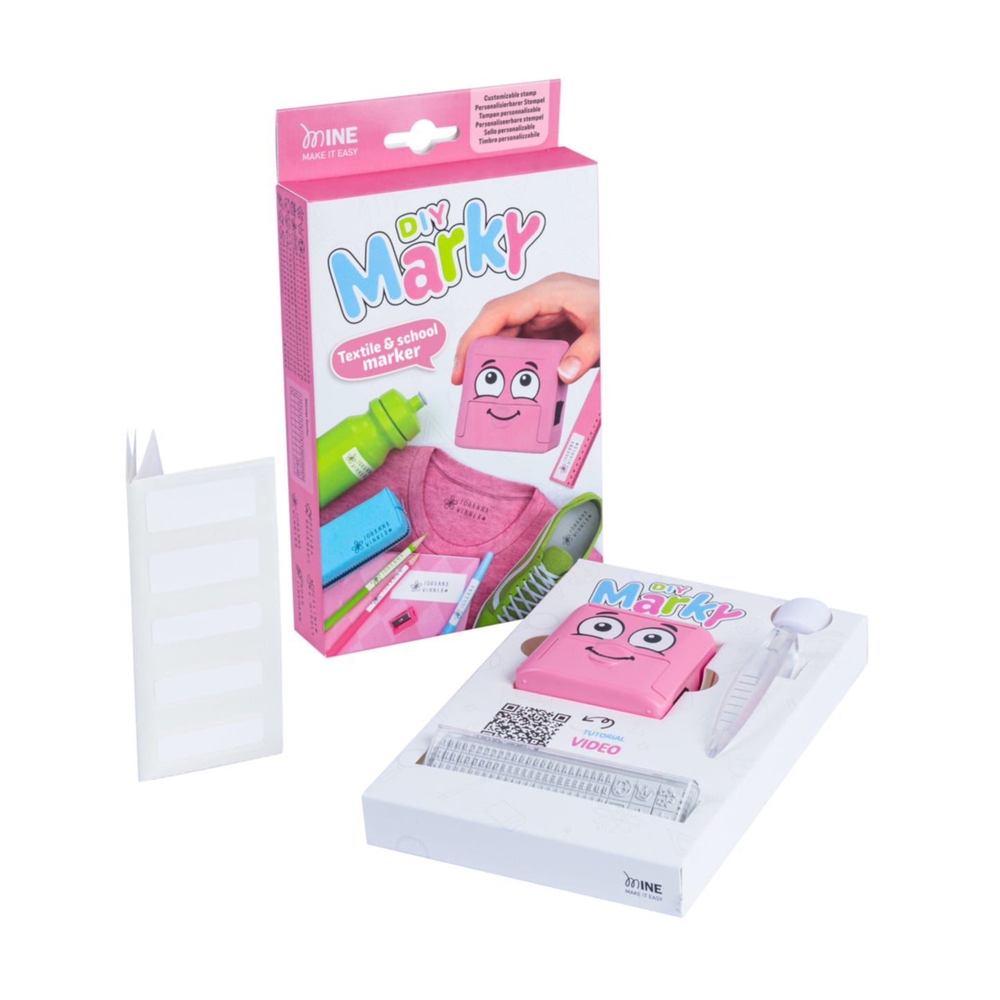 Timbro per Tessuti DIY Marky ROSA (incluso Etichette, Nastro, set caratteri)