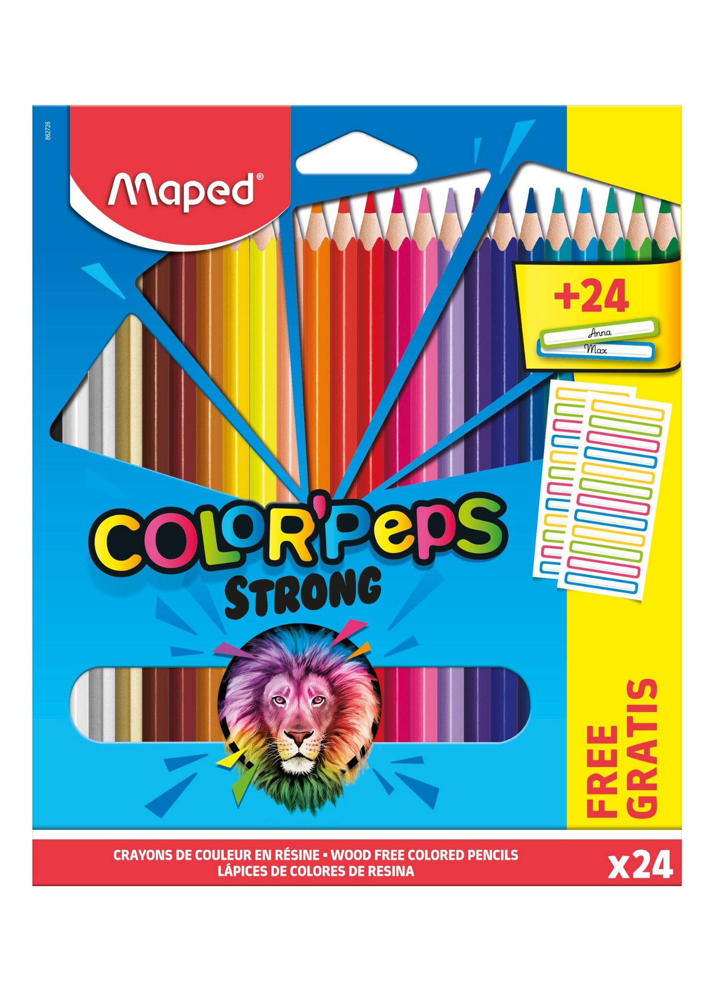 MAPED PASTELLI TRIANGOLARI STRONG 24 colori + 24 ETICHETTE per personalizzarli