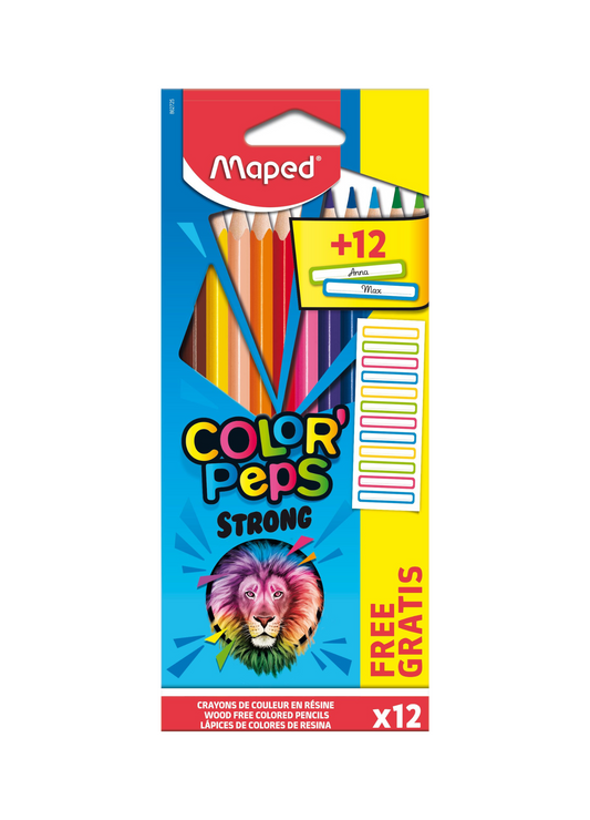 MAPED PASTELLI TRIANGOLARI STRONG12 COLORI + 12 ETICHETTE per personalizzarli