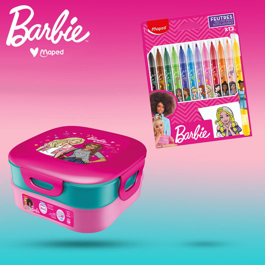 Lunch Box BARBIE modulabile 2 scompartimenti  1,4 lt con all'interno 12 pennarelli Barbie