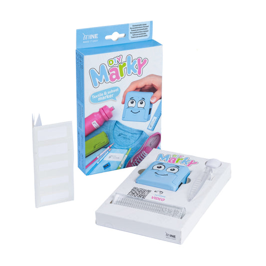 Timbro per Tessuti DIY Marky BLU (incluso Etichette, Nastro, set caratteri)