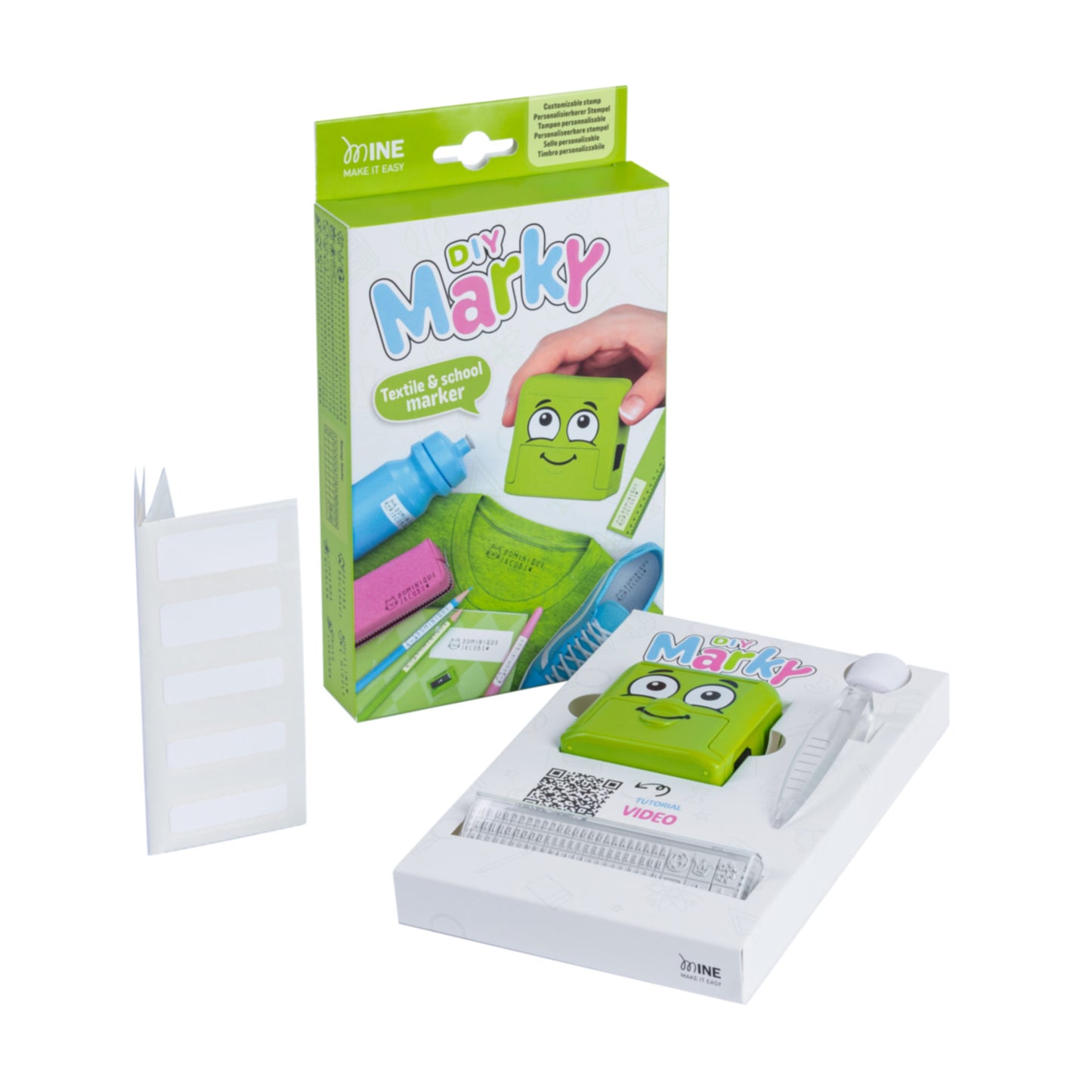 Timbro per Tessuti DIY Marky VERDE (incluso Etichette, Nastro, set caratteri)